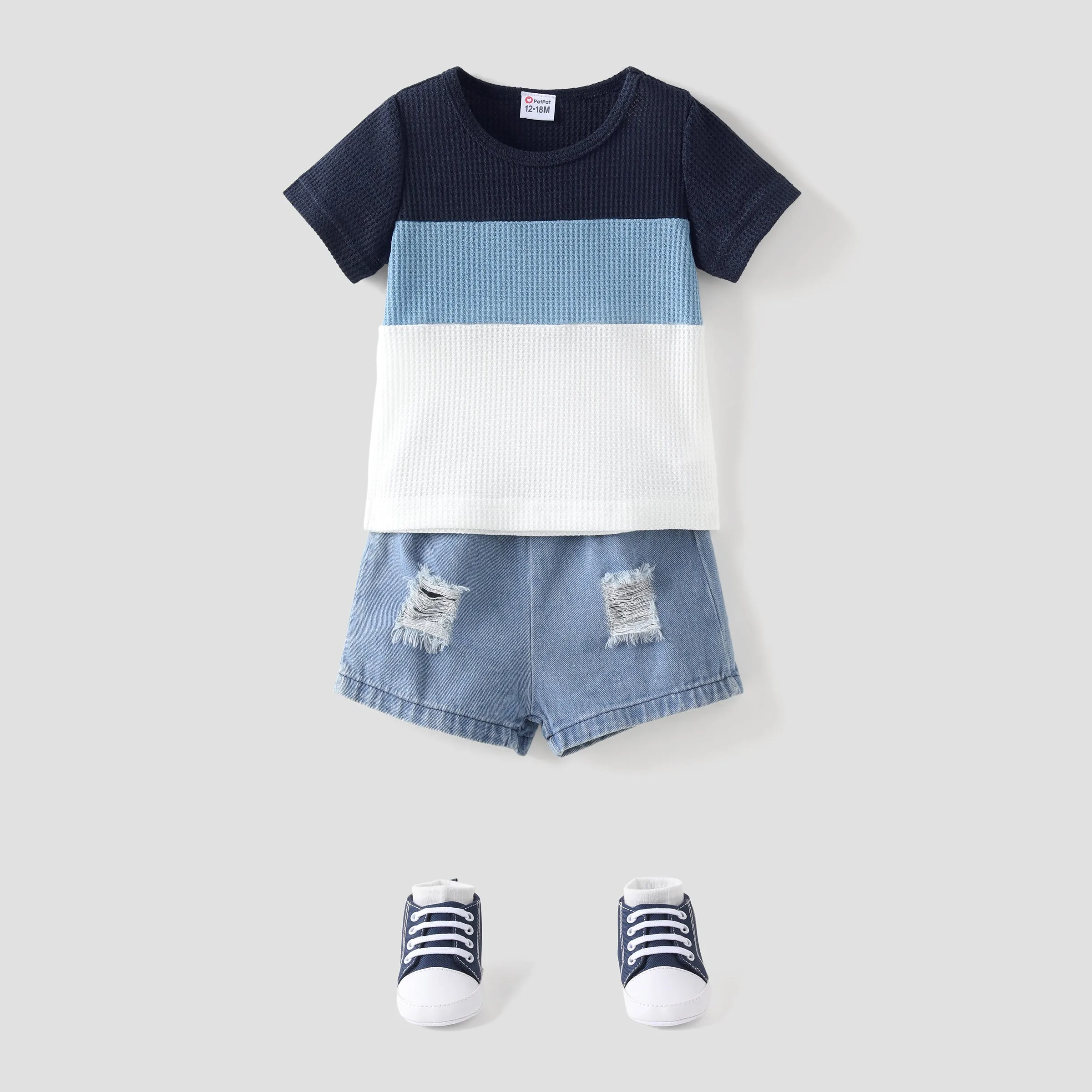 2pcs Baby Boy Color Block Waffle Top and 100% Cotton Ripped Denim Shorts Set