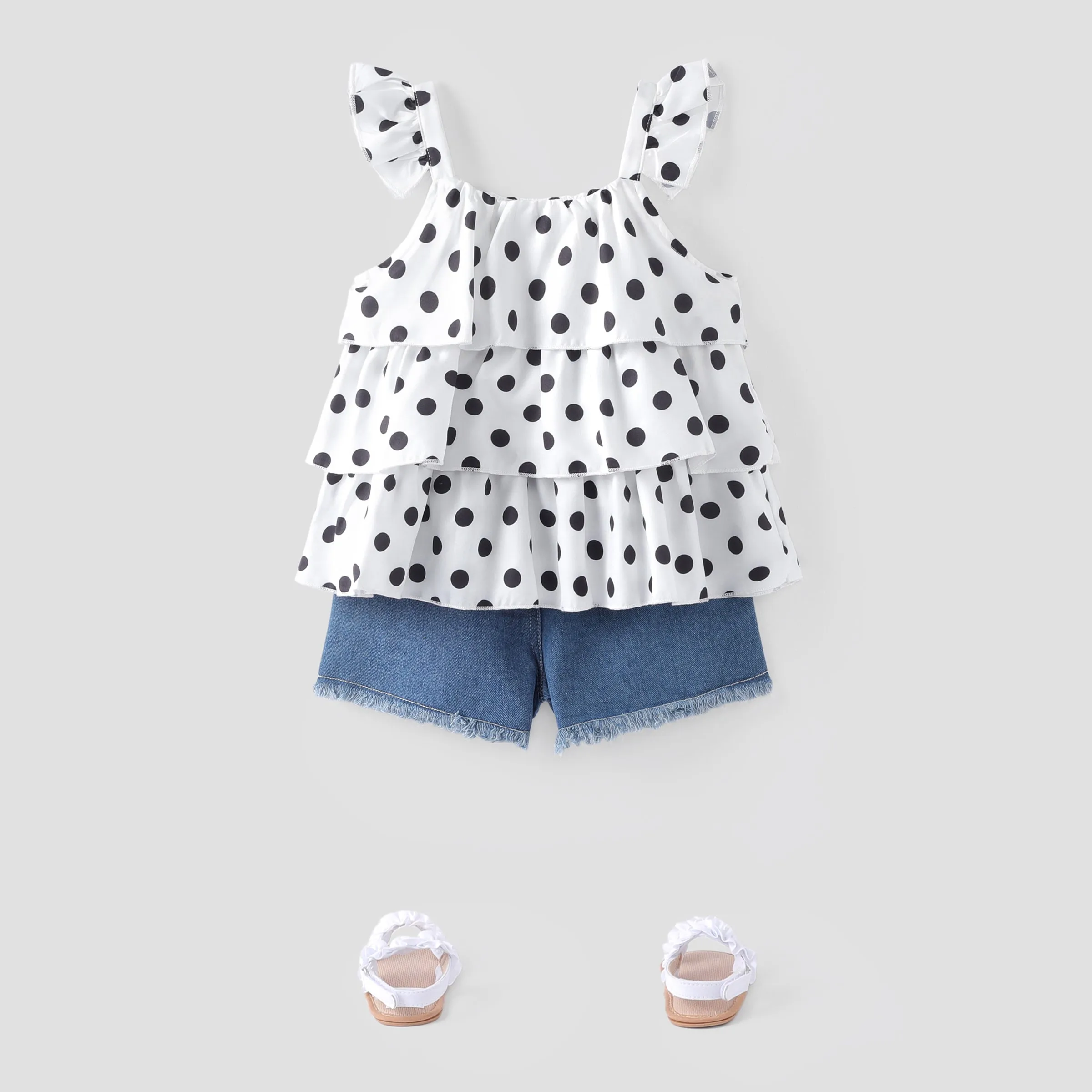 2pcs Baby Girl Polka Dots Layered Ruffled Tank Top and Raw Hem Ripped Denim Shorts Set
