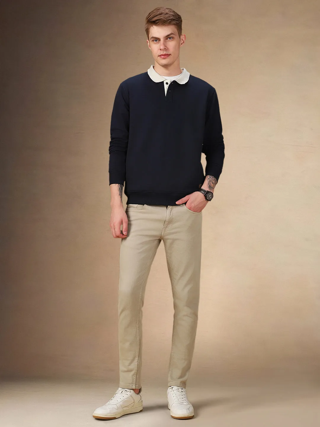 Men's Solid Spread Collar Full Sleeves Regular Fit Sweatshirt