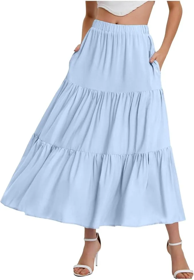 Navy Blue Large Women Boho Tiered Long Skirt