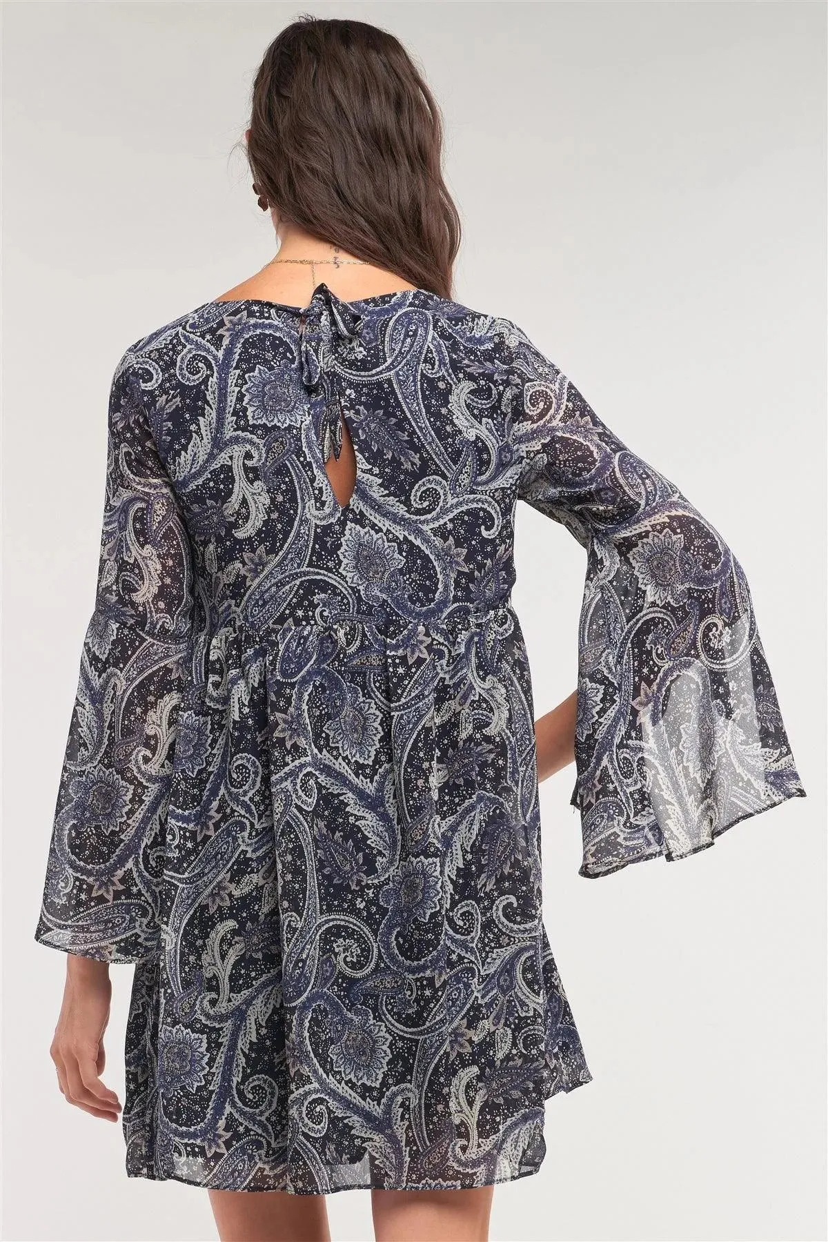 Navy Multicolor Paisley Print Loose Fit Trumpet Sleeve Self-Tie Detail Mini Dress /1-2-2-1