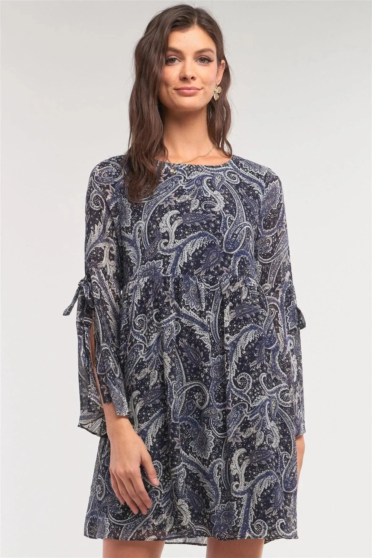 Navy Multicolor Paisley Print Loose Fit Trumpet Sleeve Self-Tie Detail Mini Dress /2-2-1