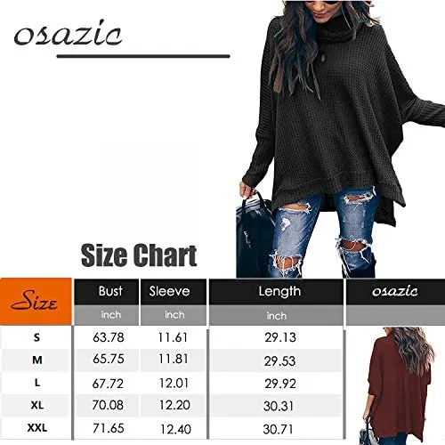 New osazic Women Turtleneck Batwing Sleeve Side Slit Waffle Knit Baggy Sweater Tunic Top, Sz 2X! true to size but if you want a baggy fit. Size 1 up.